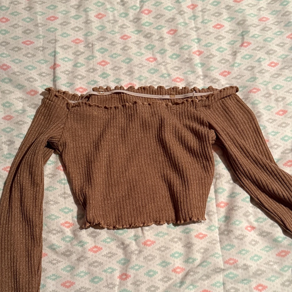 SHEIN Brown Ribbed Off-Shoulder Crop Top